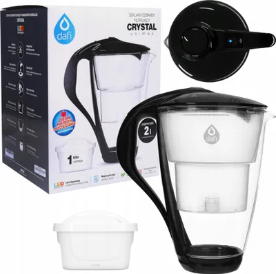 A product shot of a DAFI CRYSTAL UNIMAX LED water filter jug and its packaging, along with an extra filter.