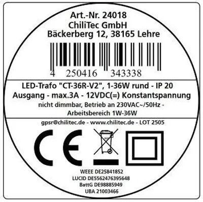 Produktbild von LED Trafo 12V 36Watt Netzteil Rund 64x23mm CT-36E AC/DC Transformator Unterputz Installation 0,5-36W 230V auf 12Volt Gleichspannung Niedervolttrafo für Led Beleuchtung Nicht Dimmbar