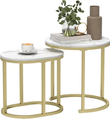 Produktbild von HOMCOM Couchtisch rund 2er Set Stapelbarer Beistelltisch mit Stahlrahmen Weiß