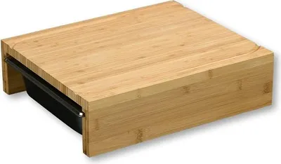 A bamboo cutting board with a black pull-out tray, shown from a slightly elevated side angle on a white background.