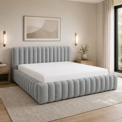 Produktbild von Home Collective Polsterbett Doppelbett | Mit Stauraum & Metall-Lattenrost | Weicher Bouclé-Stoff mit moderner Steppung 120x200 cm in Grau, KI-generiertes Bild