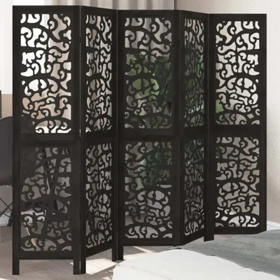 Produktbild von Design 5-tlg. Paravent Schwarz Massivholz Paulownia, Raumteiler 2024 Neu