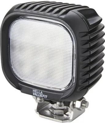 A close-up studio shot of a black and silver LED work light.