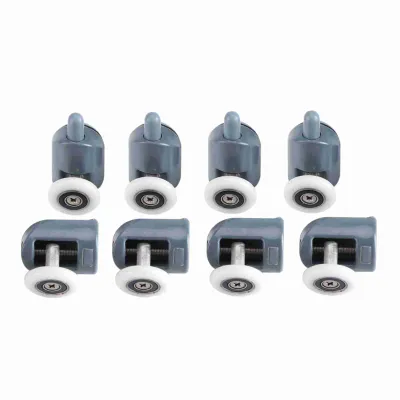A set of eight shower door rollers on a white background.