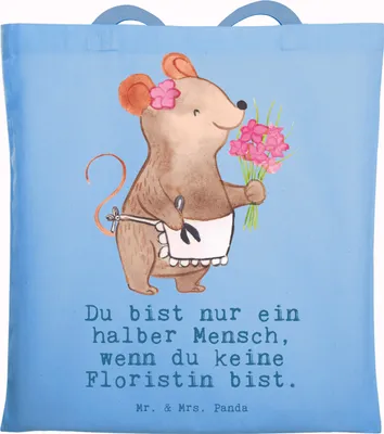 Produktbild von Mr. & Mrs. Panda Shopping Tasche Floristin Herz - Sky Blue - Geschenk, Schultasche, Blumenlanden, Laptoptasche, Spruch, Lustig, Ausbildung, Jutebeutel, Beutel, Tote Bag