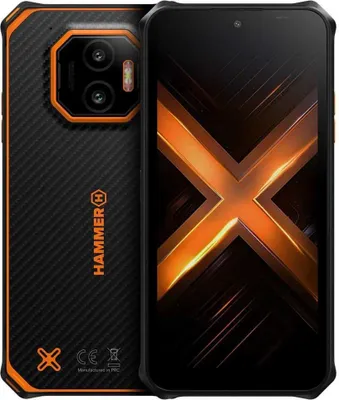 A black and orange rugged smartphone is shown from the back and front.
