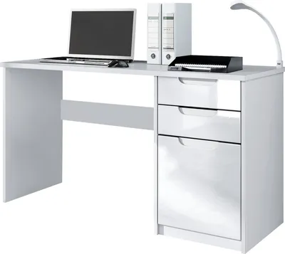 Produktbild von Vladon Schreibtisch Logan,  Germany, Bürotisch mit 2 Schubladen und 1 Tür, Weiß matt/Weiß Hochglanz (129 x 76 x 60 cm)