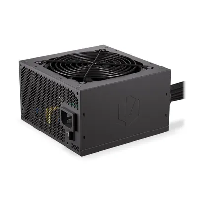A black computer power supply unit is shown from a three-quarter side view against a white background.