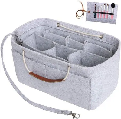 Zdjęcie produktu dla Organizer do torebki z wieloma kieszeniami – jasnoszary – filcowy organizer do torebki – rozmiar S