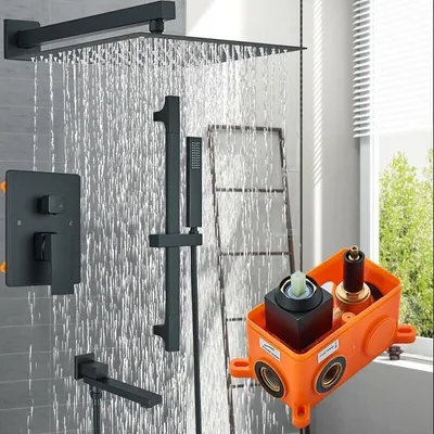 Produktbild von Schwarz Unterputz Duscharmatur Set 40x40cm Edelstahl Regendusche Handbrause