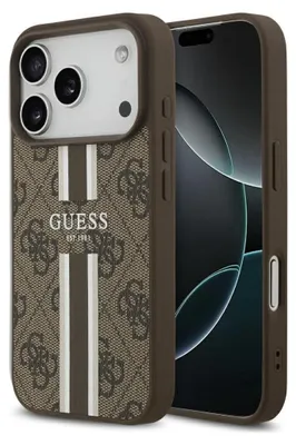Zdjęcie produktu dla Etui GUESS pasujące do iPhone'a 17 Pro Max, kompatybilne z MagSafe, model GUHMP17XP4RPSW (4G Printed Stripes), kolor brązowy