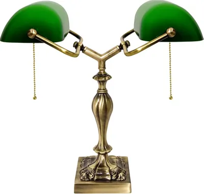 Produktbild von Bankerlampe Messing massiv Glas 42,5 cm hoch in Bronze hell glänzend Grün E27 2-flammig Jugendstil Tischlampe