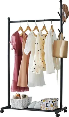 Image de Porte-vêtements sur roulettes - Porte-vêtements autoportant - Mobile grâce à ses roulettes - En acier inoxydable - Idéal pour les petits espaces dans les chambres, les couloirs ou les salons - Noir