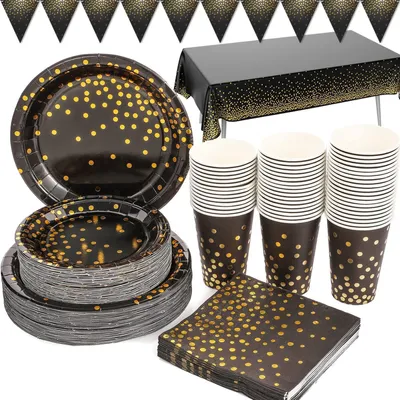 Immagine prodotto di Set di stoviglie per feste, colore nero e oro, 99 pezzi per 24 ospiti, include: piatti, bicchieri, tovaglioli, tovaglia, banner