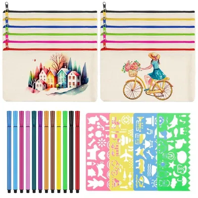 Produktbild von 12 Federmäppchen aus Canvas zum Malen, mehrfarbige, unbedruckte Stoffbeutel zum Selbstgestalten mit 12 Buntstiften und 4 Zeichenschablonen.