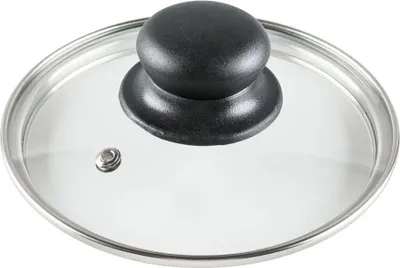 A close-up studio shot of a glass pot lid with a black handle and a silver rim.