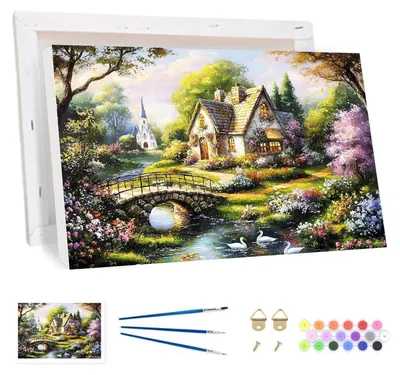 Produktbild von Malen nach Zahlen Set für Erwachsene mit Rahmen, Dorfhaus Landschaft, Leinwand Kit 20x30cm