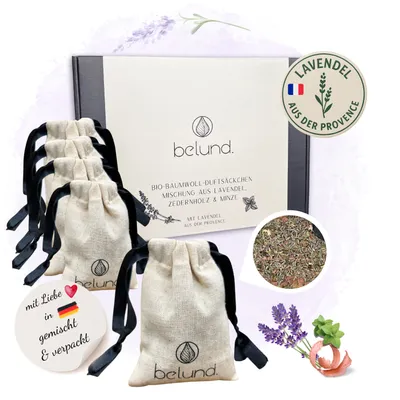 Produktbild von belund.®Baumwolle Lavendelsäckchen Duftmischung aus Lavendel der Provence, Zedernholz & Minze, gegen Kleidermotten & Spinnen, Kleiderschrank