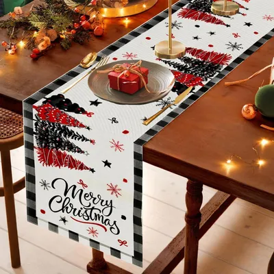 Zdjęcie produktu dla Bieżnik świąteczny, 33x180 cm, len, motywy: choinki, płatki śniegu, dekoracja