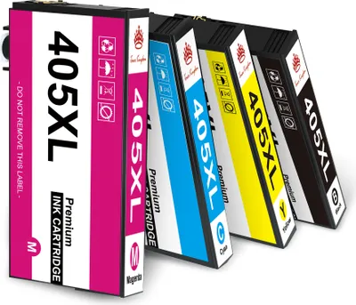 A set of four ink cartridges for a printer, arranged diagonally.