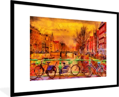 Produktbild von MuchoWow® Gerahmtes Poster Gemälde - Fahrrad - Amsterdam - Gracht - Öl 90x60 cm - Poster mit Schwarzem Bilderrahmen Wandposter Rahmen Foto Bilder - Wanddekoration - Fotos