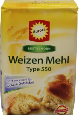A bag of Aurora Weizenmehl (wheat flour) with an image of baked goods.