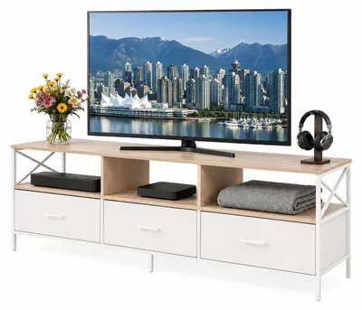 Produktbild von Relaxdays TV Lowboard, HxBxT: 50 x 170 x 40 cm, 3 Schubladen & Ablagen, MDF, Metall, Stoff, Fernsehtisch, natur/weiß, KI-generiertes Bild