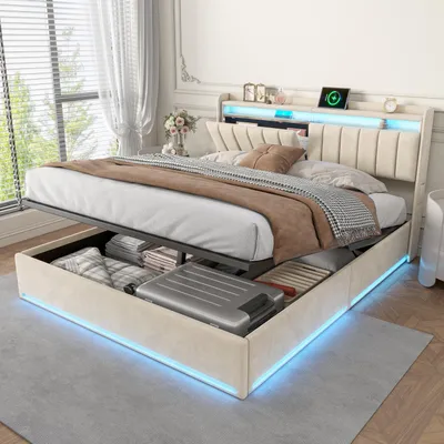 Produktbild von REMZETTA Polsterbett 140x190 cm Doppelbett mit hydraulischem Bettkasten, LED, USB-C, Stauraum-Kopfteil, Samt, Beige