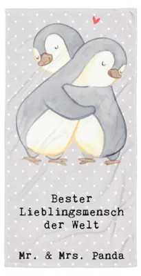 Produktbild von Mr. & Mrs. Panda Duschtuch Pinguin Bester Lieblingsmensch der Welt - Grau Pastell - Geschenk, Badehandtuch, Handtuch, Herz, Papa, Familie, Strandlaken, Mama, Geschenkidee
