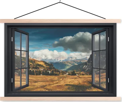Produktbild von MuchoWow® Textilposter Aussicht - Weg - Berg 120x80 cm mit holzfarbenen Rahmen - Aufhängeset