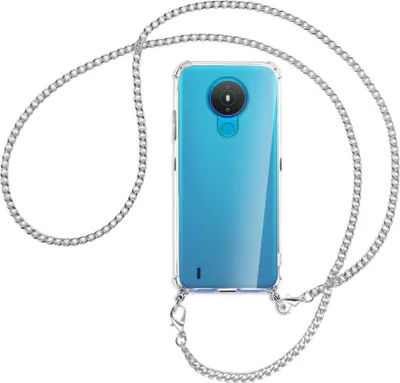Produktbild von Handykette Backcover-Schutzhülle mit Band (Metall silberfarben) für Nokia 1.4 - silberfarbene Kette