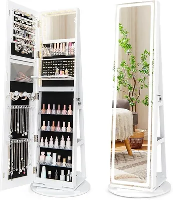 Imagen del producto de Espejo de cuerpo entero con armario para joyas, de pie, con luces LED, con 3 estantes, giratorio 360°, con cerradura y llaves (blanco)