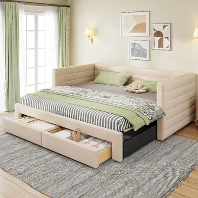 Immagine prodotto di Letto imbottito 90x190 cm, trasformabile in divano letto, letto multifunzionale con 2 cassetti, dotato di rete a doghe, trasformabile in una dimensione di 180x190 cm, colore beige