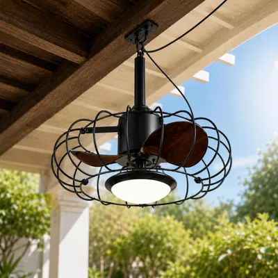 Image de Ventilateur de plafond d'extérieur de 50 cm avec éclairage et télécommande, lampe d'extérieur IP65 avec ventilateur, 6 vitesses, pour balcon, pavillon