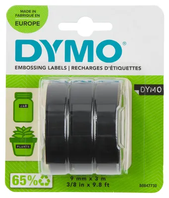 Produktbild von DYMO Original Prägeband | 9 mm x 3 m | 3D weiß auf schwarz | selbstklebendes Kunststoff Etikettenband | für Junior & Omega Beschriftungsgerät | 3 Rollen Prägebänder