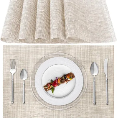 Produktbild von MODFU Platzsets(6er Set),Rutschfest Abwaschbar Tischsets,PVC Abgrifffeste Hitzebeständig Platzdeckchen,Schmutzabweisend und Waschbare,Platz-Matten für Küche Speisetisch Beige