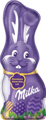A purple chocolate bunny wrapped in foil, decorated with Easter eggs and grass.