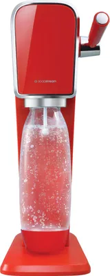 A red SodaStream Art machine with a bottle of carbonated liquid.