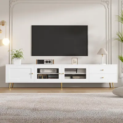 Produktbild von okwish Weiß TV-Schrank mit Glastüren und 2 Schubladen, Lowboard mit verstellbaren Einlegeböden,Metallgriffen,Fernsehbank Für Wohnzimmer