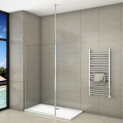 A modern bathroom with a walk-in shower and a heated towel rack.
