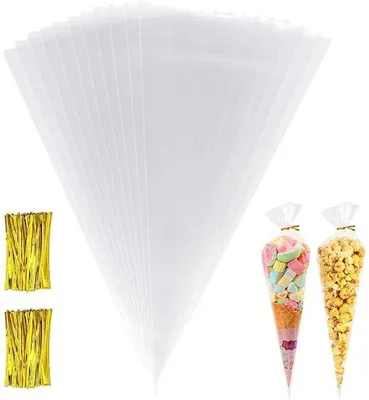 Produktbild von Süßigkeitenbeutel transparent 170 x 370 mm + 100 Stück Goldverschluss für Schokoladenbonbons Marshmallow Pfefferkörnchen