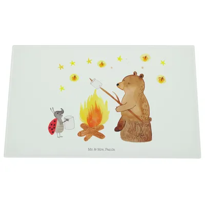 Produktbild von Mr. & Mrs. Panda Hackbrett Bär & Marienkäfer Lagerfeuer - Weiß - Geschenk, Glas Schneideplatte, schneidbrett, Glasschneidebrett, Schneidebrett, schneidunterlage, Teddy