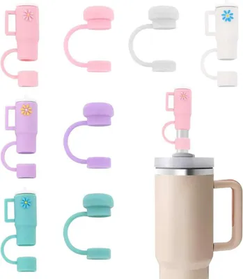Obrázek produktu pro 8 kusů silikonových krytek na brčka, kompatibilní s hrnky Stanley o objemu 30 a 40 uncí (přibližně 890 ml a 1180 ml), opakovaně použitelné silikonové hroty o průměru 10 mm, růžové a bílé barvy