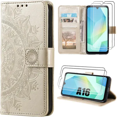 Image de Coque + 2 Verres Trempés pour Samsung Galaxy A16 5G/4G, Protection Antichoc CuirPolyuréthaneDoré Motif Spirituel Oriental