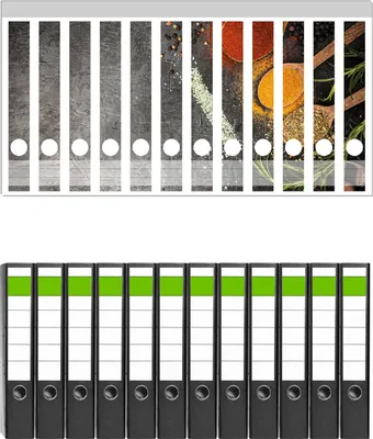 Produktbild von Wallario 12 Stück schmale Ordner inkl. Klebeetiketten mit Motive Löffel mit verschiedenen Gewürzen -  Set mit Rückenschildern / Ordnerrücken Stickern