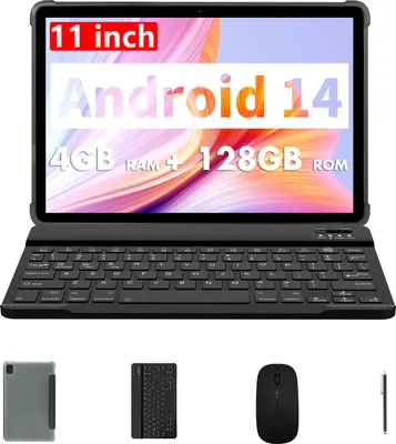 Produktbild von PRITOM Android 14 Tablet 11", 8GB (4+4 erweiterbar) RAM, 128GB ROM, Octa Core, mit 2,4G/5G WiFi 6, 8000MAH Akku, grau mit Hülle, Tastatur und Maus