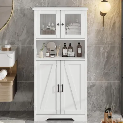 Produktbild von Badezimmerschrank freistehender Toilettenschrank mit Glastüren und verstellbaren Ablagen Küchenschrank, Standschrank, Aufbewahrungsschrank Weiß
