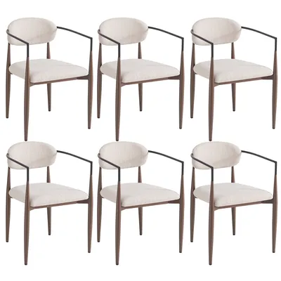 Six beige dining chairs with dark brown legs and black metal accents, arranged in two rows.