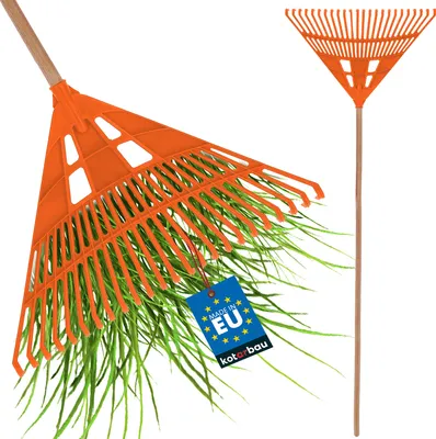Produktbild von KOTARBAU® Laubrechen Kunststoff 61 cm mit Stiel Laubbesen Laubharke Gartenrechen Fächerbesen für Herbstlaub & Heckenschnitt Kunststoff Orange