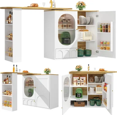 Produktbild von Um 360° drehbarer Bartisch, Stehtisch (Korpus 138 x 39 x 102 cm), Kaffeebarmöbel, drehbare Esstheke mit Stauraum, Kücheninse